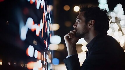 A thoughtful Caucasian man in a suit contemplates data displayed on a screen, embodying a mood of focus and determination in a bustling urban setting.