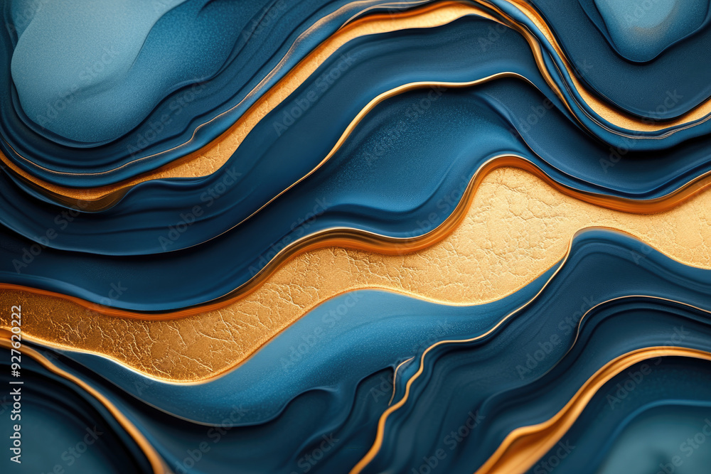 Poster oceanic harmony, layers of deep teal and shimmering gold glide fluidly, creating a serene wave-like 
