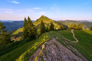 panoramic mountain landscape at sunset on the ridge of the Nagelfluh mountains chain chain near...