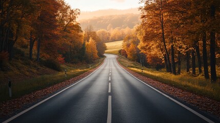 Obraz premium An autumn landscape featuring a long, winding road lined with trees in full fall color, with a thick carpet of leaves covering the road and the distant hills bathed in the golden light of sunset