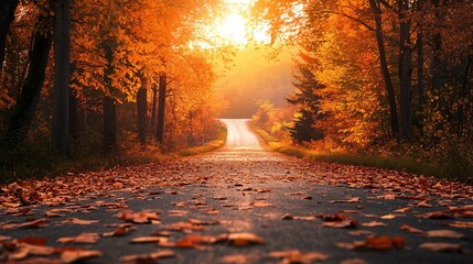 An autumn landscape featuring a long, winding road lined with trees in full fall color, with a thick carpet of leaves covering the road and the distant hills bathed in the golden light of sunset