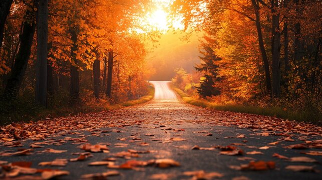 An autumn landscape featuring a long, winding road lined with trees in full fall color, with a thick carpet of leaves covering the road and the distant hills bathed in the golden light of sunset