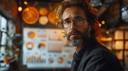 Obraz premium An entrepreneur confidently presenting a strategic vision on a whiteboard, surrounded by a diverse and engaged team in a sleek, modern office,