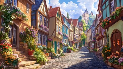 Naklejka premium Picturesque Cobblestone Street in a European Village with Colorful Flowers and Sunny Day.