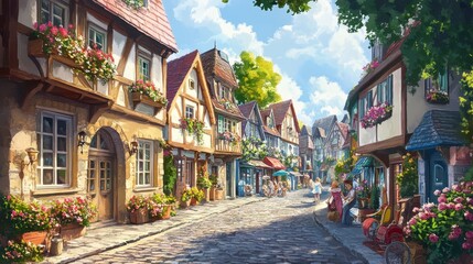 Naklejka premium Charming European Village Street with Cobblestone Road, Colorful Buildings and Flowers.