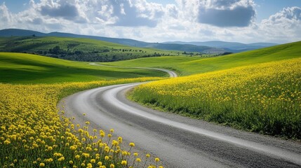 Naklejka premium A scenic winding road through a green meadow with blooming yellow flowers, capturing the serene beauty of the countryside on a sunny day.