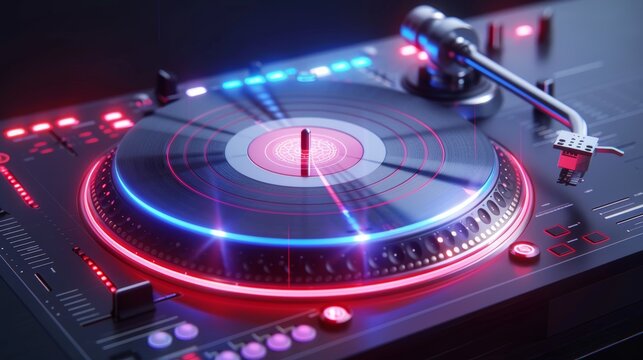Close-up of a DJ turntable with vibrant LED lights, perfect for music event promotions or DJ-related content. High-quality image for versatile use.