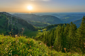 panoramic mountain landscape at sunset on the ridge of the Nagelfluh mountains chain chain near...