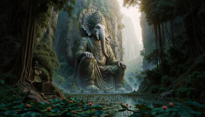 Old huge statue of Lord Ganesha in a jungle