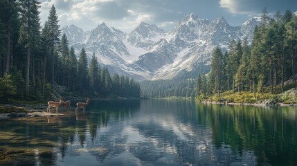 Obraz premium Majestic Mountain Lake with Deer and Reflection - Stunning Nature Photography.