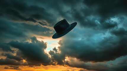 A hat spinning through the air against a dramatic stormy sky.