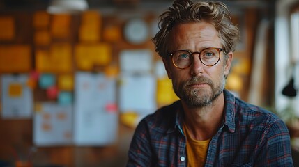 Fototapeta premium A dynamic leader standing in front of a whiteboard covered with strategic plans, enthusiastically explaining their vision to a captivated team in a stylish, contemporary office space,