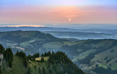 panoramic mountain landscape at sunset on the ridge of the Nagelfluh mountains chain chain near...