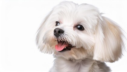 笑顔のマルチーズの子犬のポートレート（Portrait of a smiling Maltese puppy on white background）

