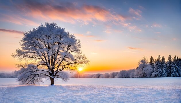 serene winter landscape with a snow covered tree and a vibrant sunrise