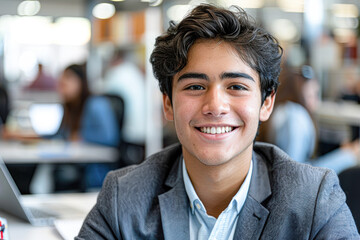 Obraz premium Confident Young Male Lawyer in Bright Office Setting with Blurred Motion of Colleagues