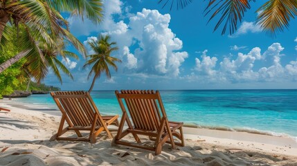 two wooden beach chairs on the sand of an exotic tropical island with palm trees and blue water