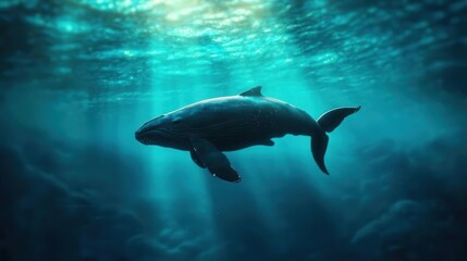 A serene underwater scene showcasing a majestic aquatic creature gliding through tranquil waters, illuminated by soft rays of light.