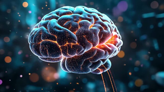 digital brain illuminated with streams of colorful data