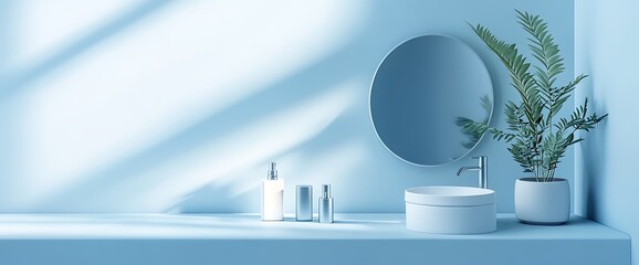 Minimalist bathroom sink with round mirror, soap dispenser, and a plant.