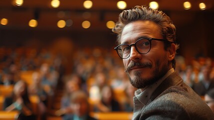 Fototapeta premium A keynote speaker confidently presenting to a full auditorium, the audience clapping and cheering, with the speaker illuminated by soft, focused lighting, emphasizing the achievement, cinematic style,