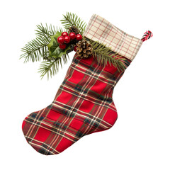 Festive Christmas Stocking with Plaid Pattern and Pine Decorations