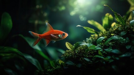 A vibrant goldfish gracefully swims through lush aquatic plants, capturing the serene beauty of underwater life.