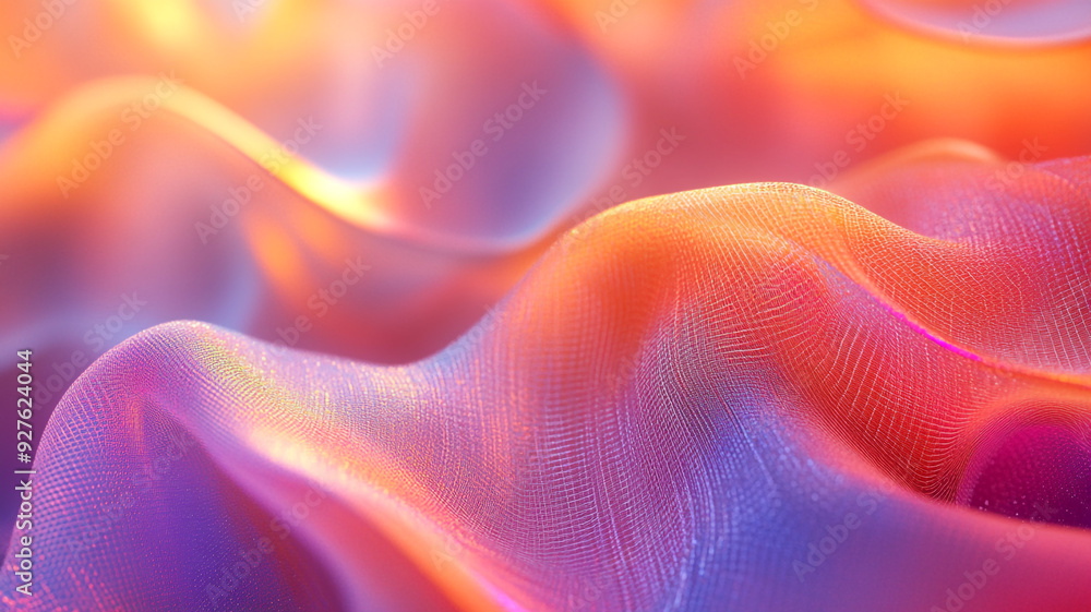 Poster flowing fabric with iridescent colors blending in soft waves during daylight
