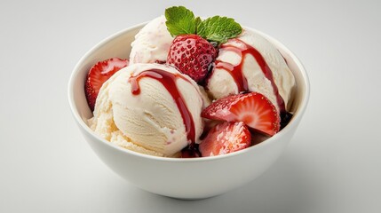 A tempting bowl of creamy ice cream, crowned with sliced strawberries and drizzled with syrup, set on a simple background.