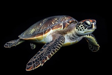 Fototapeta premium Photo of a marine turtle isolated against a black background, emphasising the marine turtle's majestic features. Wildlife and conservation concept, space for copy.