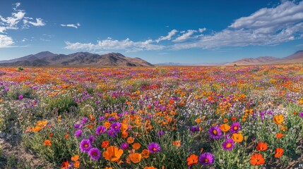 Vibrant Wildflower Superbloom in the Desert with Mountain Background.