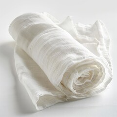 mockup, white muslin rolled into a roll, muslin squares for a newborn, close-up on fabric, white background