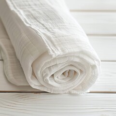 mockup, white muslin rolled into a roll, muslin squares for a newborn, close-up on fabric, white background