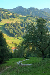  pretty senior woman riding her electric mountain bike and enjoying the spectacular view over the...