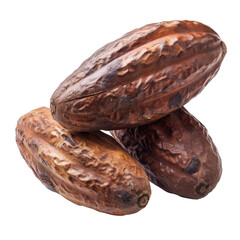Three Dried Cocoa Pods Showcasing Unique Textures and Shapes