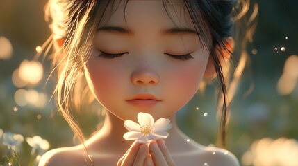 Fototapeta premium A close-up 3D of the little asian girl with her eyes closed, imagining holding a delicate flower in her cupped hands