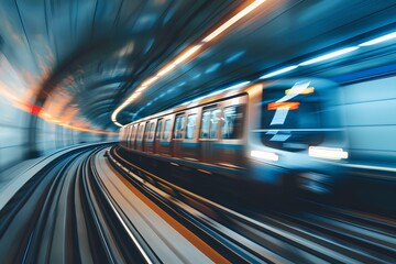 Fototapeta premium Blurred motion of train moving fast in underground tunnel, dynamic blur effect for subway concept