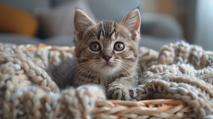 A cute kitten with large, bright eyes and small paws, sitting in a basket with a soft blanket, the background a gentle blur of a cozy living room, capturing a peaceful and heartwarming scene,