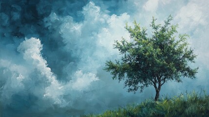 Obraz premium A vibrant painting of a tree with green foliage, framed by a moody, cloud-filled sky, evoking a sense of tranquility.