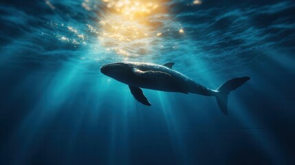 Fototapeta premium Ghostly silhouette of a whale in the distance, barely visible in the deep blue, creating a haunting and majestic underwater scene