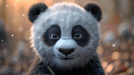 Obraz premium A cute panda with oversized eyes and small ears, holding a bamboo stick, set against a pastel-colored background with soft clouds and floating hearts, the panda's fur is fluffy and perfectly rendered,