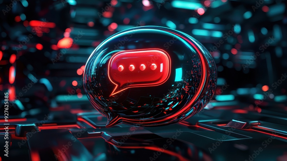 Poster a futuristic message icon glowing in neon colors, symbolizing digital communication and conversation
