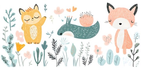 Fototapeta premium Cute Boho Woodland Clipart featuring whimsical forest animals and nature-inspired elements in a soft, bohemian style.