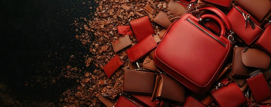 Pile of counterfeit designer handbags, counterfeit goods, fashion fraud