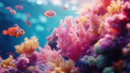 Naklejka premium Softfocus view of a coral reef from the perspective of a small fish, creating an intimate and immersive scene within the underwater world