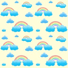 Rainbow and cloud seamless pattern on yellow background