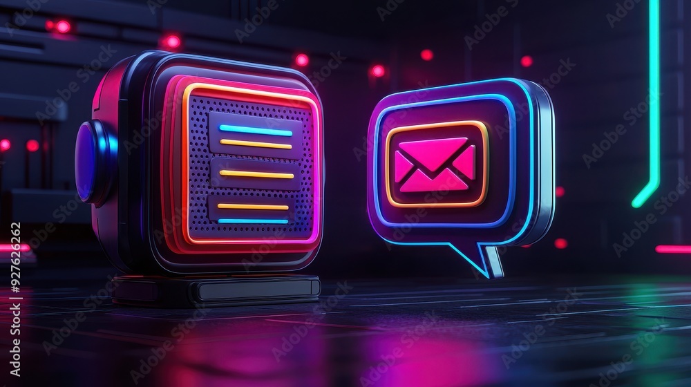 Poster a vibrant digital communication theme featuring neon icons representing messages and notifications.