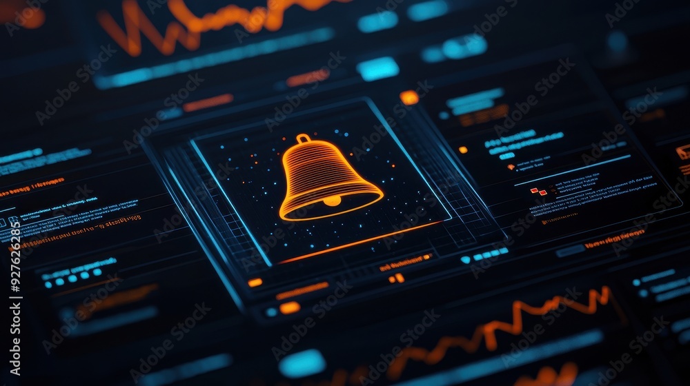 Poster a vibrant digital interface displaying an illuminated bell icon, symbolizing alerts and notification