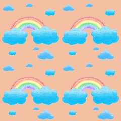 Rainbow and cloud seamless pattern on orange background