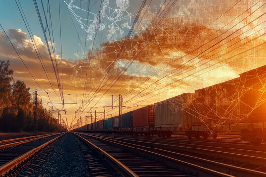 Parallel railroad tracks stretch into the horizon under a cloudy sky,sunlight casting a warm glow on the scene.Graphic overlay places a network or technology theme on top of the landscape.AI generated